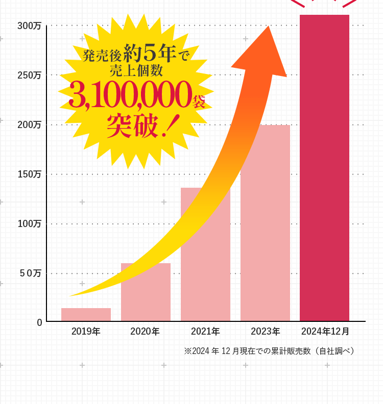発売後約5年で売上個数3,100,000袋突破！2024年12月現在での累計販売数（自社調べ）