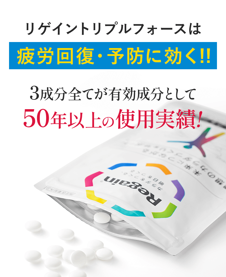 リゲイントリプルフォースは 疲労回復・予防に効く!! 3成分全てが有効成分として50年以上の使用実績!