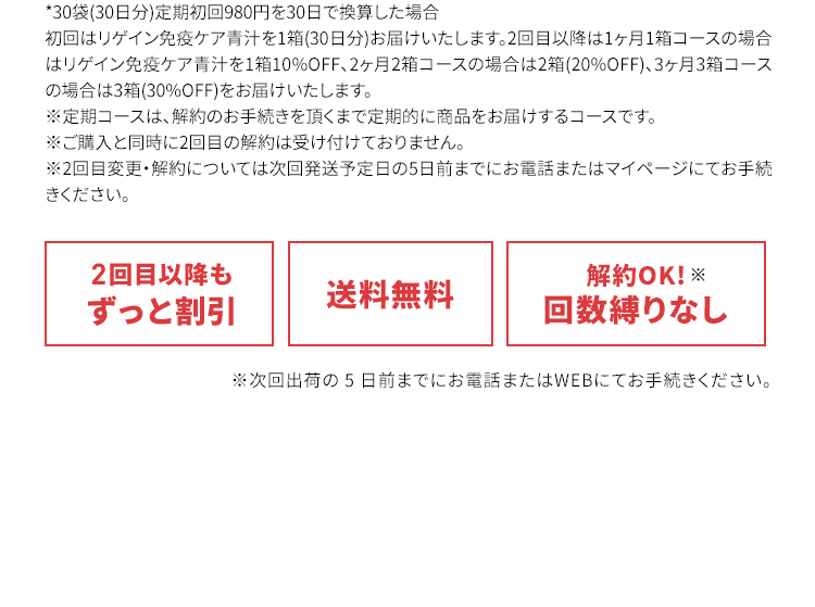 30袋(30日分)定期初回980円を30日で換算した場合初回はリゲイン免疫ケア青汁を1箱(30日分)お届けいたします。2回目以降は1ヶ月1箱コースの場合はリゲイン免疫ケア青汁を1箱10%OFF、2ヶ月2箱コースの場合は2箱(20%OFF)、3ヶ月3箱コースの場合は3箱(30%OFF)をお届けいたします。※定期コースは、解約のお手続きを頂くまで定期的に商品をお届けするコースです。※ご購入と同時に2回目の解約は受け付けておりません。※2回目変更・解約については次回発送予定日の5日前までにお電話またはマイページにてお手続きください。