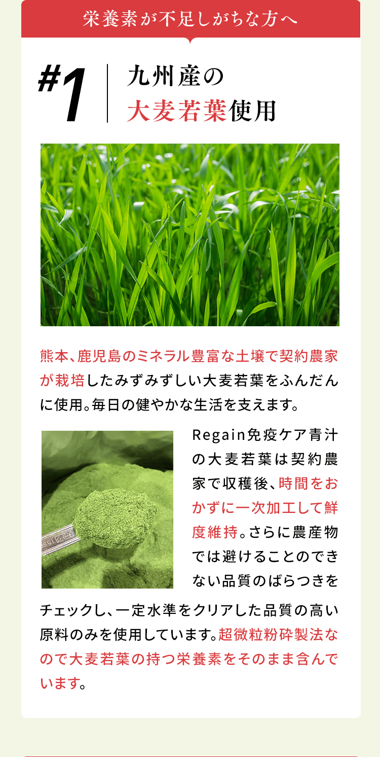 栄養素が不足しがちな方へ #1九州産の 大麦若葉使用 熊本、鹿児島のミネラル豊富な土壌で契約農家が栽培したみずみずしい大麦若葉をふんだんに使用。毎日の健やかな生活を支えます。Regain免疫ケア青汁の大麦若葉は契約農家で収穫後、時間をおかずに一次加工して鮮度維持。さらに農産物では避けることのできない品質のばらつきをチェックし、一定水準をクリアした品質の高い原料のみを使用しています。超微粒粉砕製法なので大麦若葉の持つ栄養素をそのまま含んでいます。