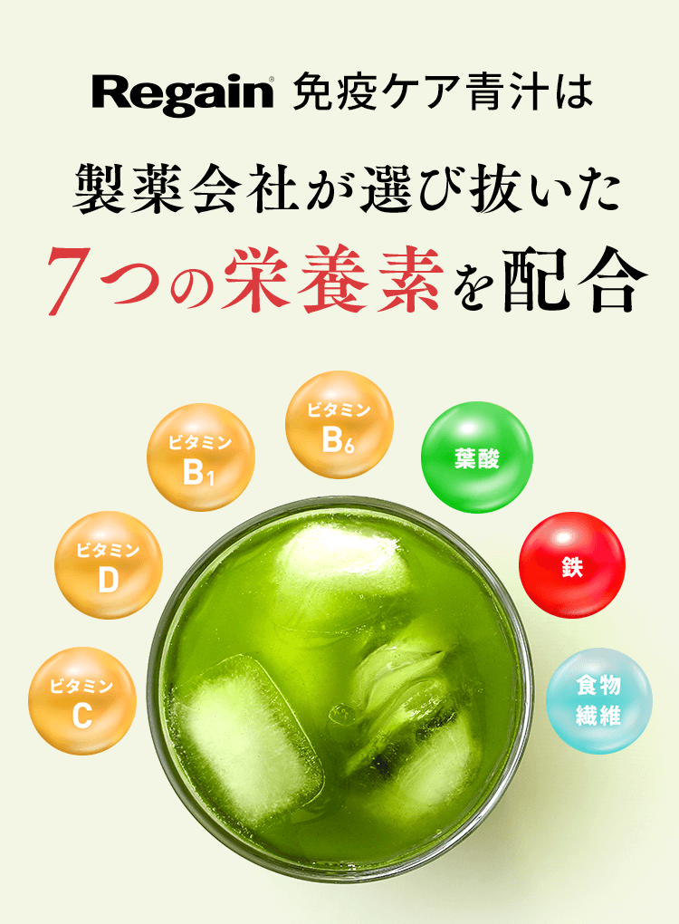 Regain 免疫ケア青汁は製薬会社が選び抜いた7つの栄養素を配合 ビタミンC/ビタミンD/ビタミンB1/ビタミンB6/葉酸/鉄/食物繊維