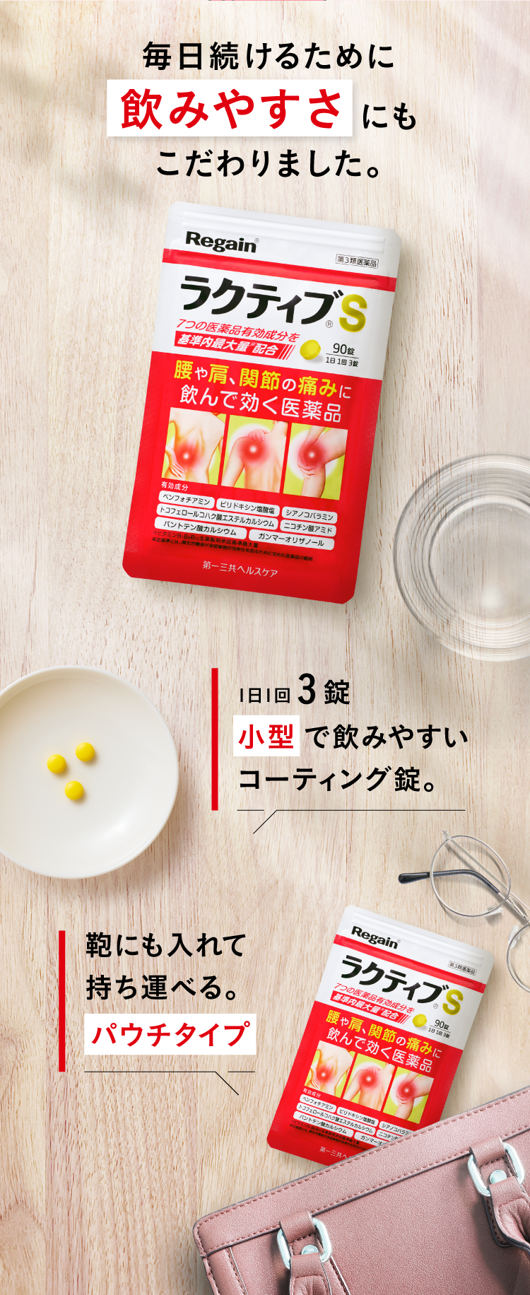 毎日続けるために飲みやすさにもこだわりました。鞄にも入れて持ち運べる。パウチタイプ　1日1回3錠 小型で飲みやすいコーティング錠。
