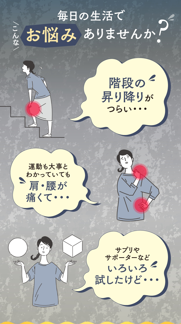 毎日の生活でこんなお悩みありませんか？階段の昇り降りがつらい・・・運動も大事とわかっていても肩・腰が痛くて・・・サプリやサポーターなどいろいろ試したけど・・・