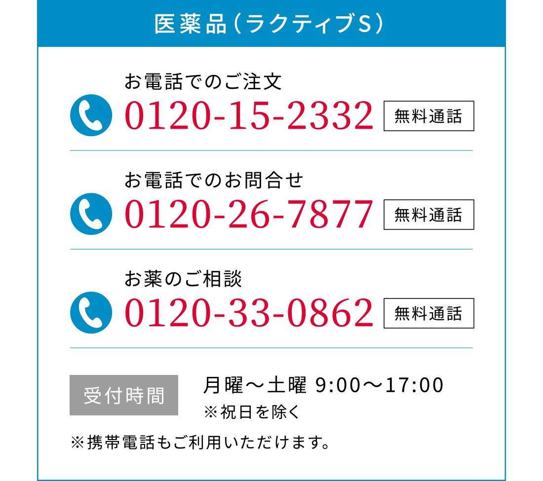 医薬品（ラクティブS）お電話でのご注文 0120-15-2332 無料通話 お電話でのお問合せ 0120-26-7877 無料通話 お薬のご相談 0120-33-0862 無料通話 受付時間 月曜〜土曜 9:00〜17:00 ※祝日を除く ※携帯電話もご利用いただけます。