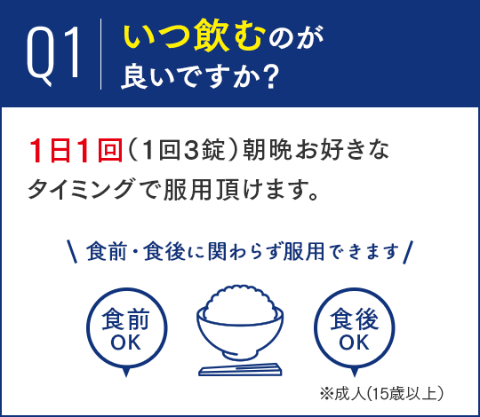 Q1.いつ飲むのが良いですか？A.1日2回（1回2錠）朝晩お好きなタイミングで服用頂けます。食前・食後に関わらず服用できます