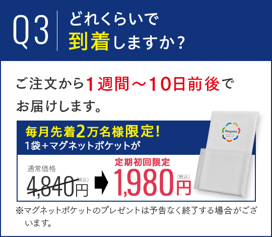 Q3.どれくらいで到着しますか？A.ご注文から1週間～10日前後でお届けします。 毎月先着2万名様限定!1袋＋飲み忘れ防止ポケットが通常価格4,840円（税込）から定期初回限定1,980円（税込）に！ ※飲み忘れ防止ポケットのプレゼントは予告なく終了する場合がございます。