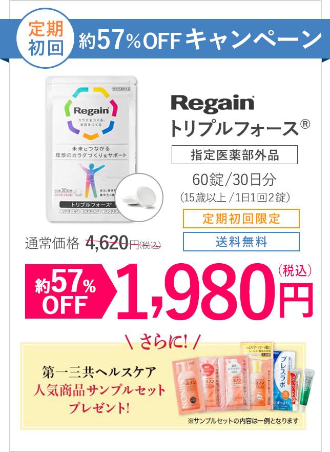 初回限定 約57%OFFキャンペーン Regainトリプルフォース 指定医薬部外品 60錠/30日分（15歳以上/1日1回2錠）定期初回限定 送料無料 通常価格4,620円が約57%OFF1,980円（税込）さらに第一三共ヘルスケア人気商品サンプルセットプレゼント！