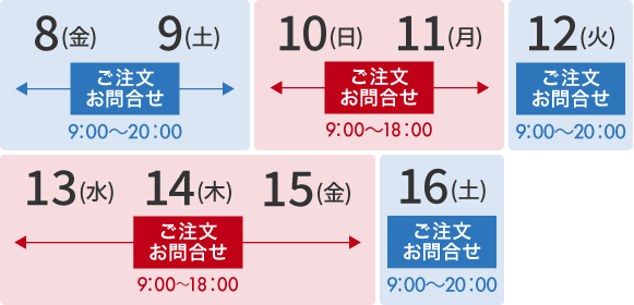 8月13日(水)～15日(金)営業時間変更 ご注文・お問合せ9:00～18:00