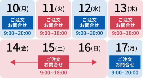 8月13日(木)～15日(土)営業時間変更 ご注文・お問合せ9:00～18:00